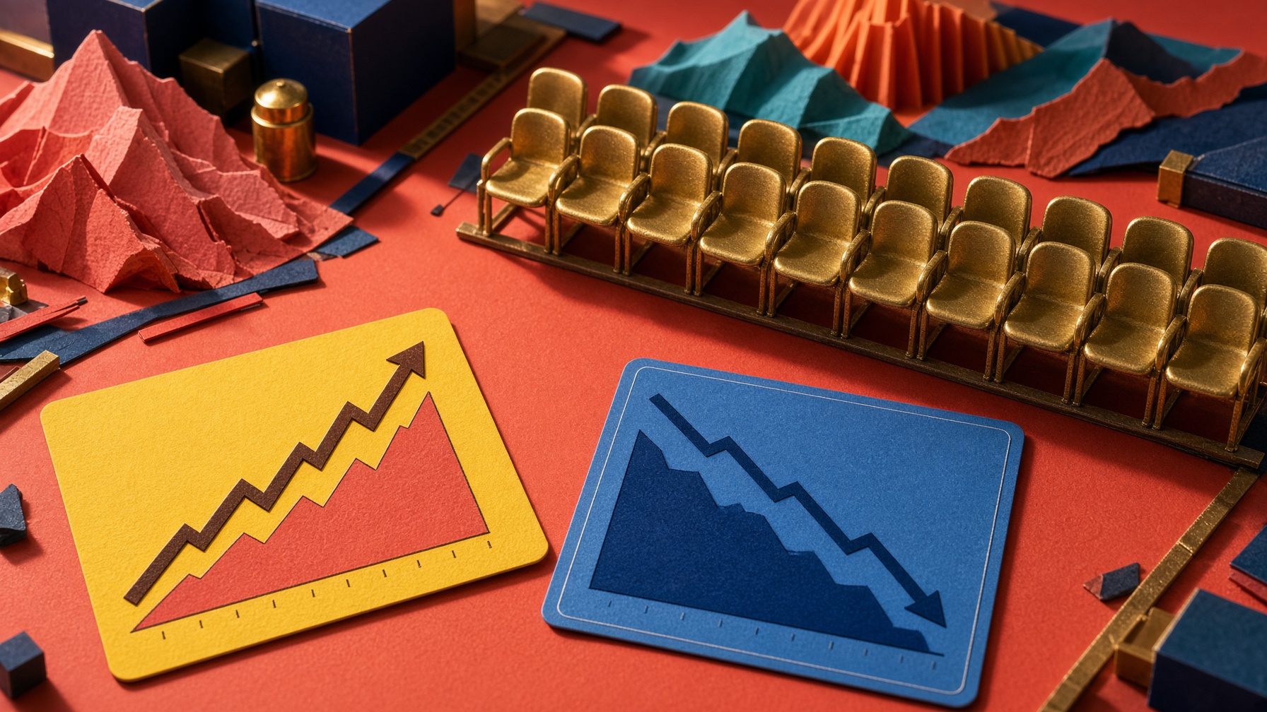 Twelve brass seats on a coral desk, with a steep yellow card and a short blue drop.